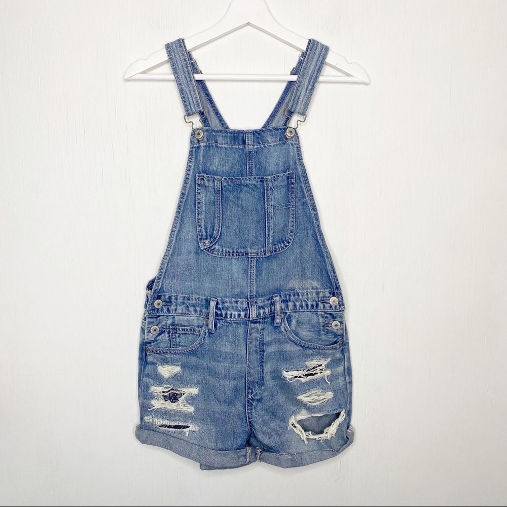American Eagle Tomgirl Shortall Distressed Denim Overalls Size Small